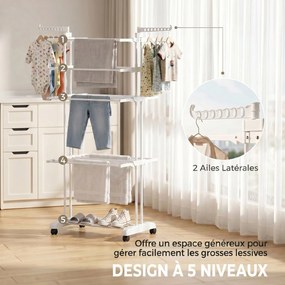 Estendal de roupa dobrável de 5 níveis com Rodas, estendal de roupa para interior com abas laterais, estrutura em aço, branco