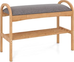 Banco para sapatos em bambu 70 x 31 x 51 cm com 2 níveis com almofada acolchoada e prateleira – ideal para a entrada, corredor, sala de estar e quarto