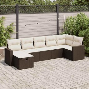 7 pcs conjunto de sofás jardim c/ almofadões vime PE castanho