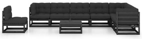 9pcs conjunto longue de jardim c/ almofadões pinho maciço preto