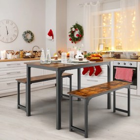 Conjunto de mesa de jantar de 3 peças com estrutura de metal e 2 bancos para 2-4 pessoas móveis de mesa para cozinha Castanho + Preto