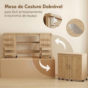 Mesa de Costura Dobrável com 6 Rodas 20 Pinos para Linhas 4 Compartimentos Prateleira Carvalho