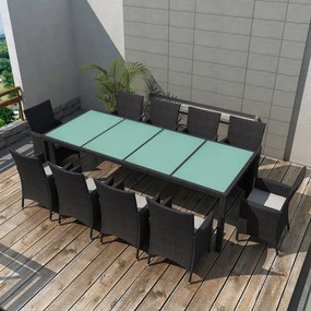 11 pcs conjunto jantar exterior com almofadões vime PE preto