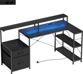HOMCOM Mesa Gamer em L com LED e Tomadas, com Suporte Duplo para Monitores, 165x80x91,5 cm, Aparência de Madeira Preta | Aosom Portugal