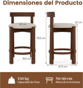 Conjunto de 2 Bancos de Bar de Altura de Balcão (MESA NÃO INCLUIDA), 47,5 x 45 x 78,5 cm, Estofados em Linho, Bege