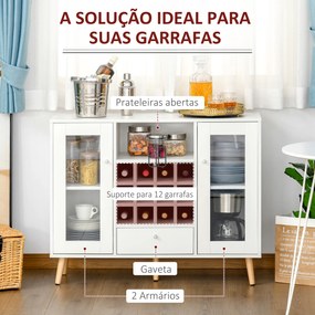 Aparador de Cozinha Armário de Armazenamento com 12 suportes para Garrafas e 3 Estantes Portas de vidro 100x33x80cm Branco