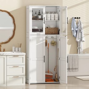 Armário para casa de banho de madeira com portas 70 cm x 30 cm x 168 cm, prateleiras e ganchos para esfregonas  branco