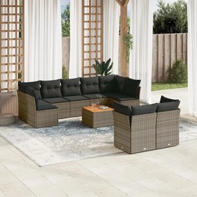 10 pcs conjunto sofás de jardim c/ almofadões vime PE cinzento