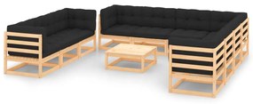 11 pcs conjunto lounge de jardim c/ almofadões pinho maciço