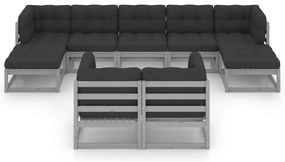 9pcs conjunto lounge de jardim c/ almofadões pinho maciço cinza