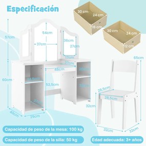 Conjunto de 2 em 1 Toucador e Cadeira de Maquilhagem 104 x 40 x 117 cm para Crianças 3+ Anos com 3 Espelhos Amovíveis 4 caixas armazemento Branco