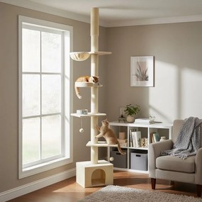 Arranhador para gatos, ajustável em altura 45 x 30 x (231-291) cm, com vários níveis e caverna bege
