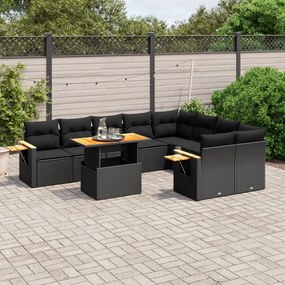 10 pcs conjunto sofás de jardim c/ almofadões vime PE preto