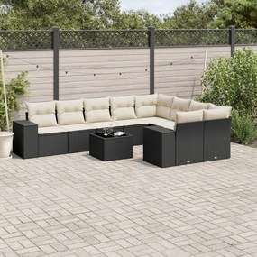 10 pcs conjunto sofás de jardim c/ almofadões vime PE preto