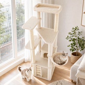 Árvore para Gatos de 5 Níveis, 71 x 71 x 194 cm, Para Vários Gatos, Bege