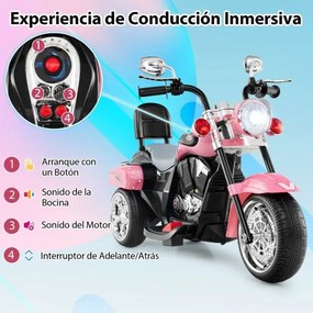 Moto estilo chopper Crianças a bateria 6V 91 x 48 x 64 cm com música, marcha à frente e atrás, experiência de condução realista Rosa