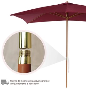 Outsunny Chapéu de Sol de Jardim com Sistema de Polia Teto Ventilado e Mastro de Madeira para Terraço Pátio Exterior 2,95x2x2,55m Vinho