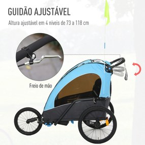 Reboque de criança 3 em 1 de 2 lugares para crianças acima de 6 meses Dobrável com barra rodas giratórias e guiador ajustável 150x85x107cm Azul
