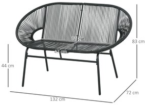 Sofá Acapulco de 2 Lugares com Apoios de Braço Almofada e Estrutura de Aço para Jardim Terraço Pátio 132x72x83 cm Preto