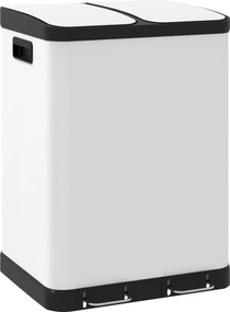 Caixote do lixo de cozinha 2 x 30 L com pedal em aço inoxidável, 2 compartimentos, tampa com fecho suave, 60 L, branco