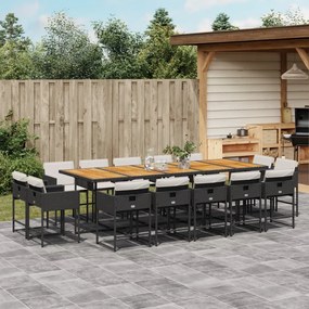 vidaXL 15 pcs conjunto de jantar p/jardim com almofadões vime PE preto