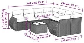 9 pcs conjunto sofás p/ jardim c/ almofadões vime PE castanho