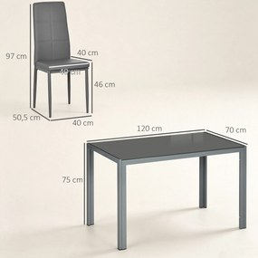 Conjunto de Sala de Jantar 5 Peças com Mesa Retangular de Vidro Temperado e 4 Cadeiras em PU Cinzento