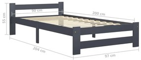 Estrutura de cama 90x200 cm madeira pinho maciço cinza-escuro