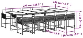 11 pcs conjunto de jantar p/ jardim com almofadões vime PE bege