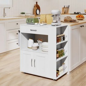 Carrinho de cozinha 75 x 46 x 90,5 cm com rodas bloqueáveis, cubo aberto dupla face, prateleiras laterais, gaveta, toalheiro branco