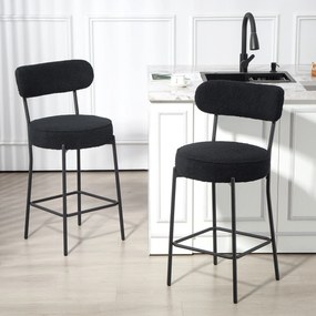Conjunto de 2 bancos de bar em tecido felpudo, bancos de bar com encosto curvo e apoio para os pés, 49 x 52 x 95 cm, preto