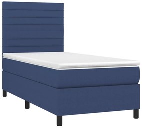 Cama box spring c/ colchão e LED 100x200 cm tecido azul