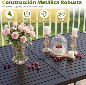Mesa de jantar jardim retangular (CADEIRAS NÃO INCLUIDAS) 160 x 90 cm com orifício para guarda-sol de 4 cm, tampo com ripas metálicas, para pátio ou j