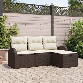 vidaXL Conjunto de Sofá de Jardim de 4 Peças com Almofadas Castanho Polirattan