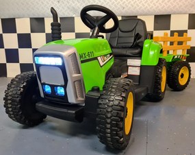 Tractor de bateria para crianças 12 volts,  Pneus borracha, banco em pele com reboque e Comando verde