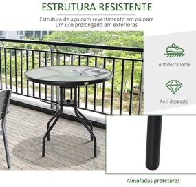 Mesa de Jardim Redonda Mesa Sala de Jantar de Cristal Temperado com Orifício para Chapéu de Sol Estrutura Metálica para Pátio Terraço Exterior Ø80x72c