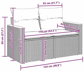 Sofá de Jardim com 9 Peças e Almofadas Pretas, em Rattan Sintético e A