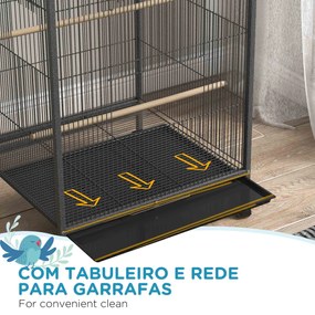 Gaiola para Pássaros com Rodas Gaiola para Aves com Comedouro Poleiro Baloiço e Bandeja Amovível 48x46x74 cm Cinzento