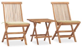 vidaXL 3 pcs conj. jantar dobrável exterior c/ almofadão teca maciça
