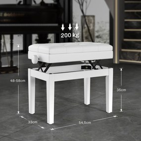 Banco de Piano com Espaço de Armazenamento e Altura Ajustável Carga 200 kg 54,5x33x48-58 cm Branco