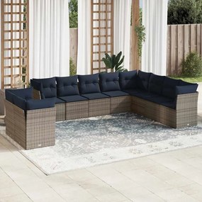 vidaXL 10 pcs conjunto sofás p/ jardim c/ almofadões vime PE cinzento