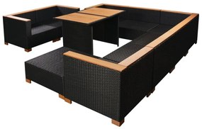 10 pcs conjunto lounge de jardim c/ almofadões vime PE preto