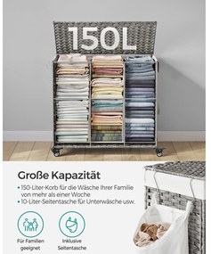 Cesto para roupa suja dobrável com 3 compartimentos e bolso lateral 70 x 36 x 66 cm Cinzento