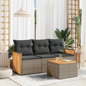 4 pcs conjunto sofás de jardim c/ almofadões vime PE cinzento