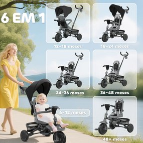 Triciclo Evolutivo 6 em 1 Dobrável com Assento Giratório de 360° Mango Parental Encosto Reclinável Toldo 111,5x52x98 cm Preto