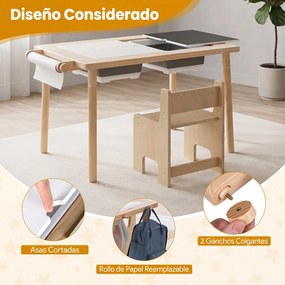 Conjunto de Mesa de Atividades Infantil com Cadeira, 86 x 55 x 51 cm, Multifuncional 6 em 1, Natural