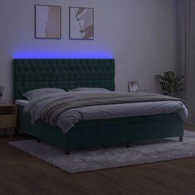 Cama box spring c/ colchão/LED 200x200 cm veludo verde-escuro