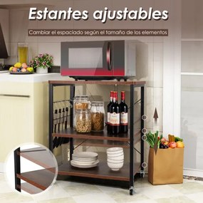 Carrinho de cozinha 60 x 40 x 73,5 cm com rodas bloqueáveis Ganchos removíveis Estante para micro-ondas Castanho