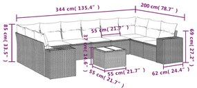 11 pcs conjunto sofás de jardim c/ almofadões vime PE cinzento