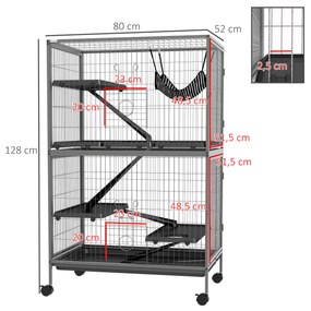 Gaiola para Roedores 80x52x128 cm Casa de 4 Alturas com Rampas Suspensa Rede Bandeja Removível Rodas Cinza Prateado